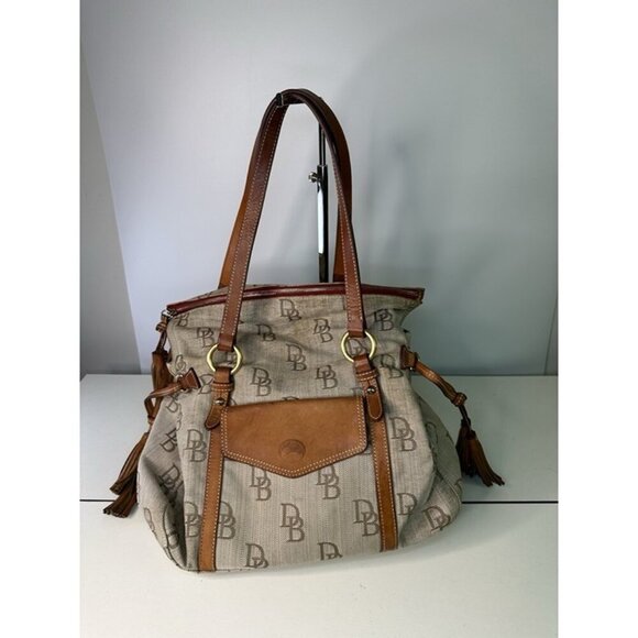 Dooney Bourke The Smith Bag Black Beige DB Logo Florentine Leather Large Tote - Picture 1 of 12